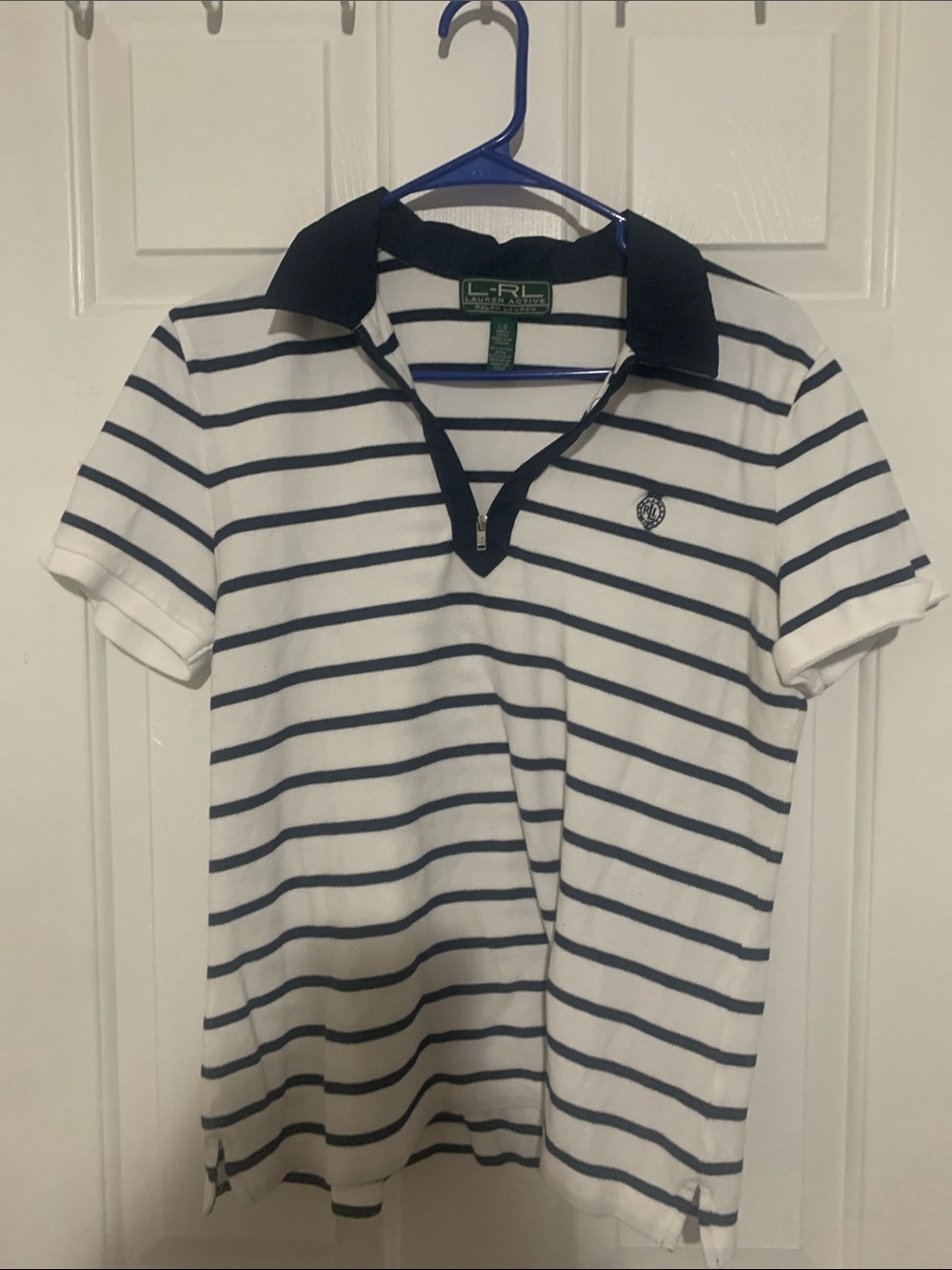 Ralph Lauren  White Polo with Navy Stripes & Collar